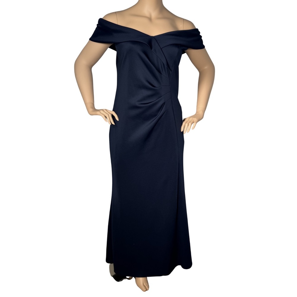 Xscape Navy Off Shoulder Rouched Scuba Knit Formal Gown Size 16W NEW